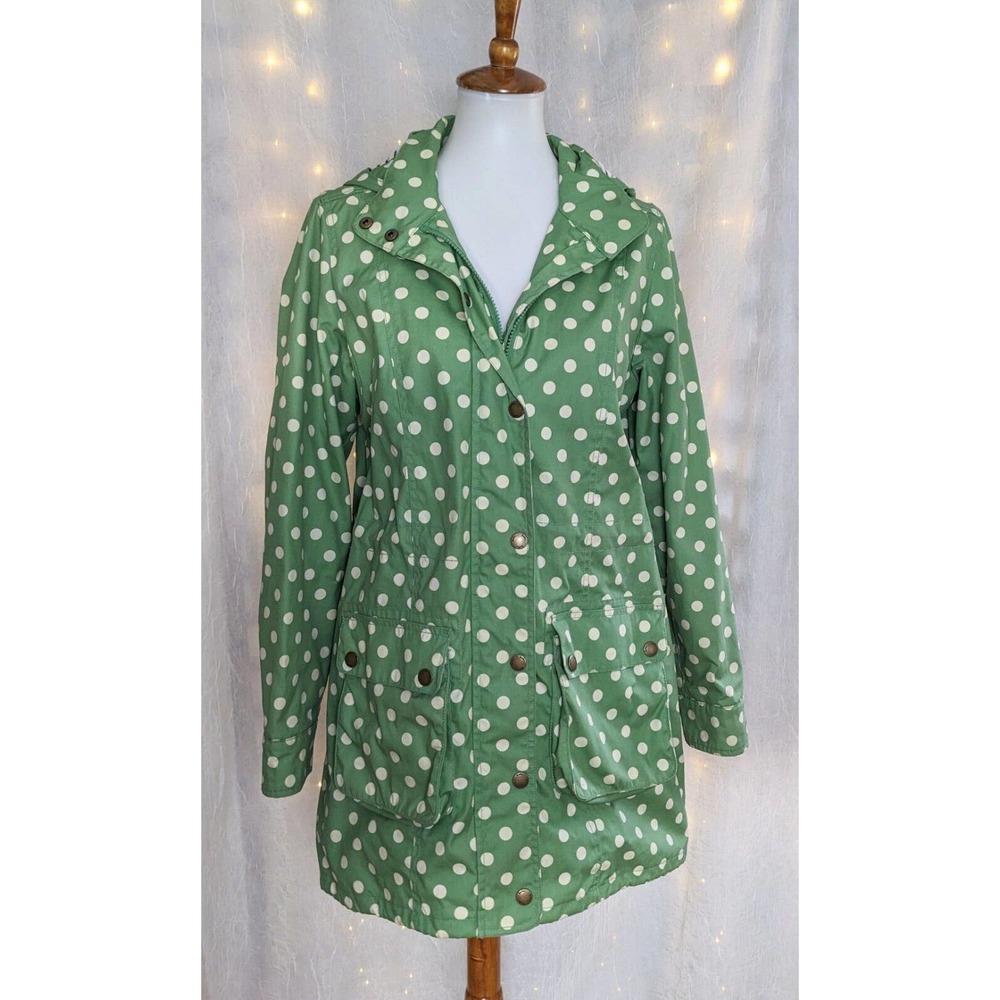 Boden 8 The Mac Coat Raincoat Green Polka Dot Removable Hood Lined